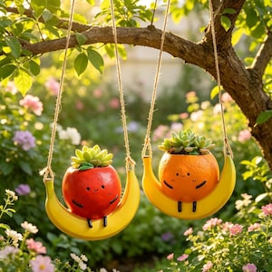 May include: Two hanging planters shaped like smiling fruit characters sitting on yellow banana swings. One planter is a red apple-shaped vessel, and the other is an orange-shaped vessel, both containing green succulent plants with brown twine ropes.