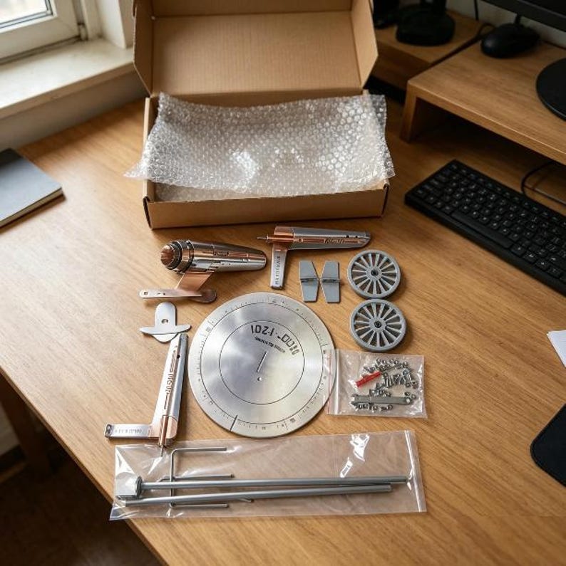May include: A model kit featuring a metallic circular base with the text 1-201, two metallic engine components, two grey wheels, two grey rectangular pieces, a small bag of screws, and several long metallic rods, all displayed with an open box.