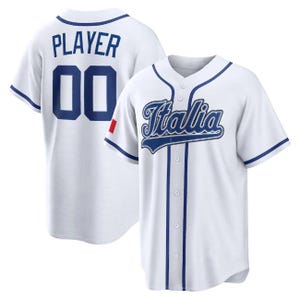 May include: White baseball jersey with blue accents. The jersey features the word "Italia" in script across the chest and the number "00" on the back, with the word "PLAYER" above it. The jersey has a button-up front.