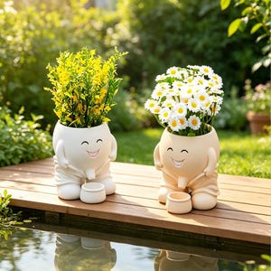 May include: Two anthropomorphic planters shaped like figures with smiling faces, one white and one beige. The white planter holds yellow foliage, while the beige planter holds white daisies. Each figure has a small bowl placed at its feet.