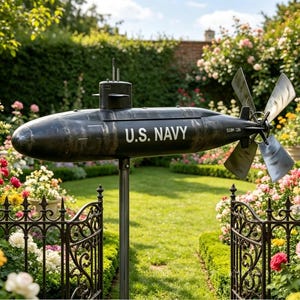 May include: A dark grey metal submarine garden spinner mounted on a pole. The side of the submarine features the white text U.S. NAVY and the designation SSBN 726. It includes a four-blade propeller at the rear that rotates in the wind.