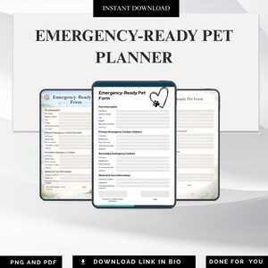 Może przedstawiać: Cyfrowy planer dla zwierząt domowych z tekstem "Emergency-Ready Pet Planner". Planer zawiera formularze z informacjami o zwierzętach, kontaktami alarmowymi i szczegółami medycznymi. Obraz zawiera również tekst "Instant Download", "PNG and PDF" i "Download Link in Bio."