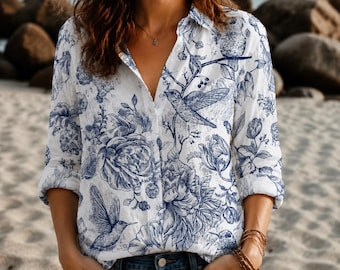 Blue Bird Floral Linen Shirt, Toile Print Button Up Blouse, Cottagecore Beach Shirt, Hummingbird Boho Top, Coastal Summer Shirt