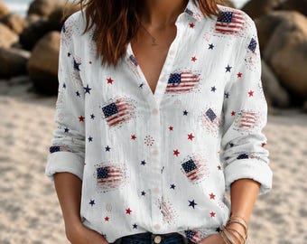 Retro amerikanische Flagge Frauen Top Shirt, USA 250. Jahrestag Bluse Shirt, Vintage USA Floral Shirt, Boho Blumen Amerika Shirt, Vaterländisches Geschenk