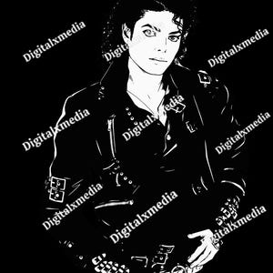 May include: A high-contrast black and white graphic illustration of a person with curly hair wearing a leather jacket with zippers, studs, and buckles. The text Digitalxmedia is repeated across the image in a diagonal pattern over the figure.