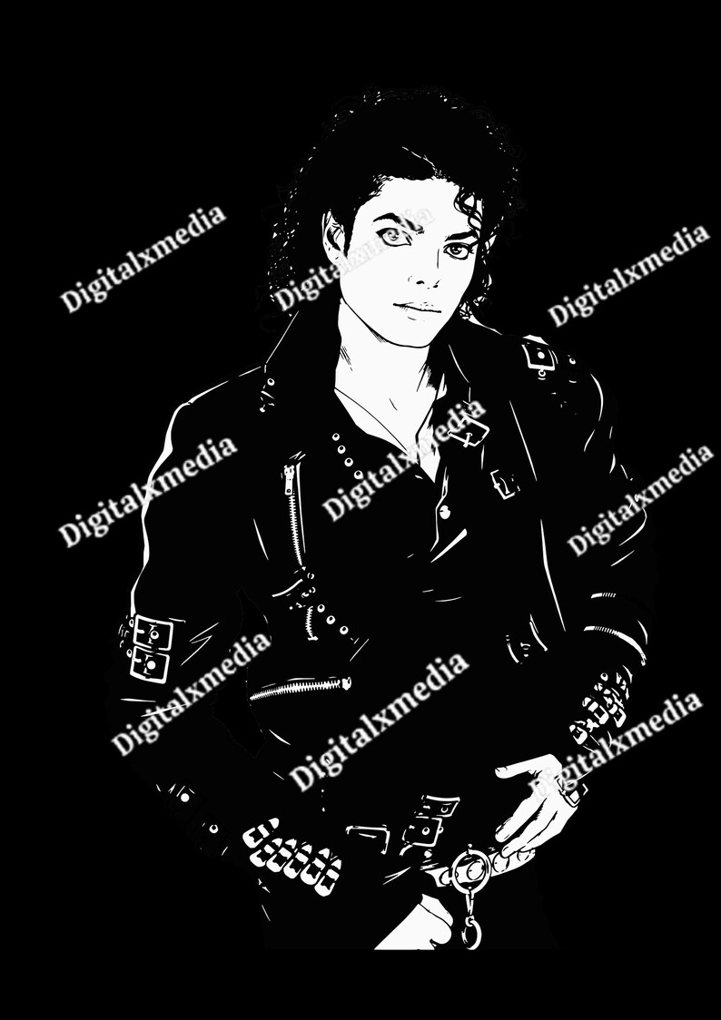 May include: A high-contrast black and white graphic illustration of a person with curly hair wearing a leather jacket with zippers, studs, and buckles. The text Digitalxmedia is repeated across the image in a diagonal pattern over the figure.
