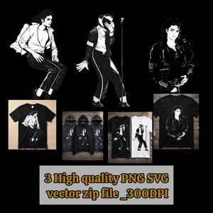 May include: A digital collection featuring three black and white illustrations of a performer in iconic poses, displayed on black and white t-shirts and hoodies. The text reads: 3 High quality PNG SVG vector zip file _300DPI.
