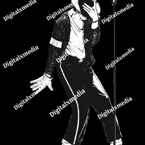 May include: A black and white graphic illustration of a performer wearing a fedora, a sequined jacket, a white shirt, dark trousers with a side stripe, a single glove, and loafers, standing next to a microphone stand with the text Digitalxmedia.