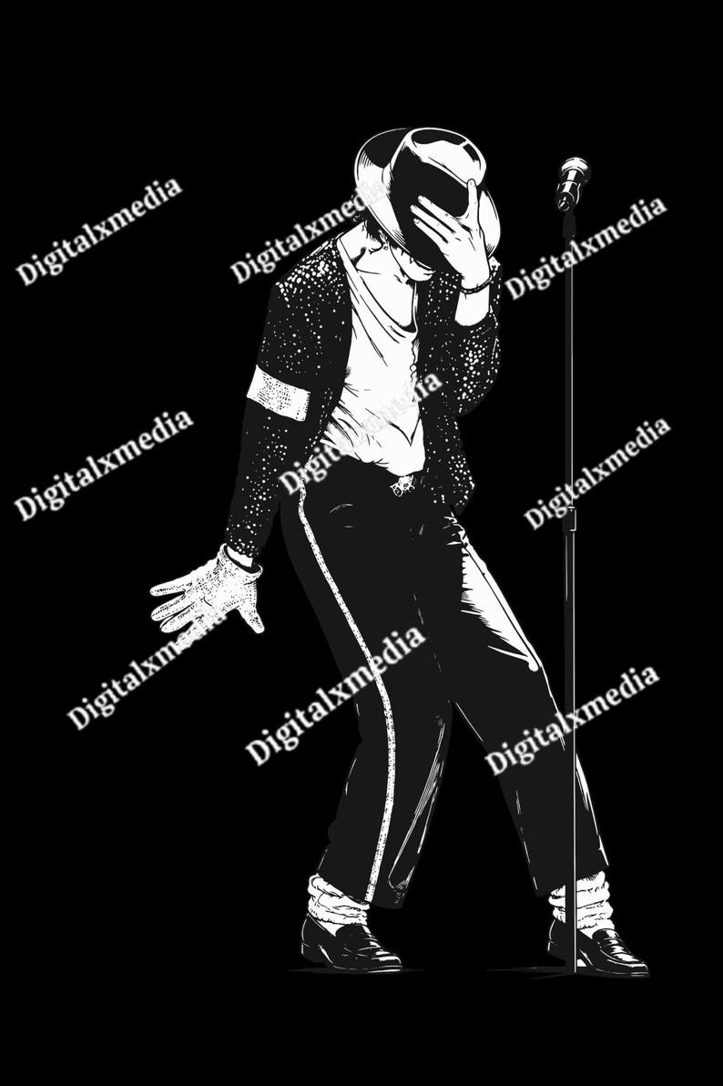 May include: A black and white graphic illustration of a performer wearing a fedora, a sequined jacket, a white shirt, dark trousers with a side stripe, a single glove, and loafers, standing next to a microphone stand with the text Digitalxmedia.