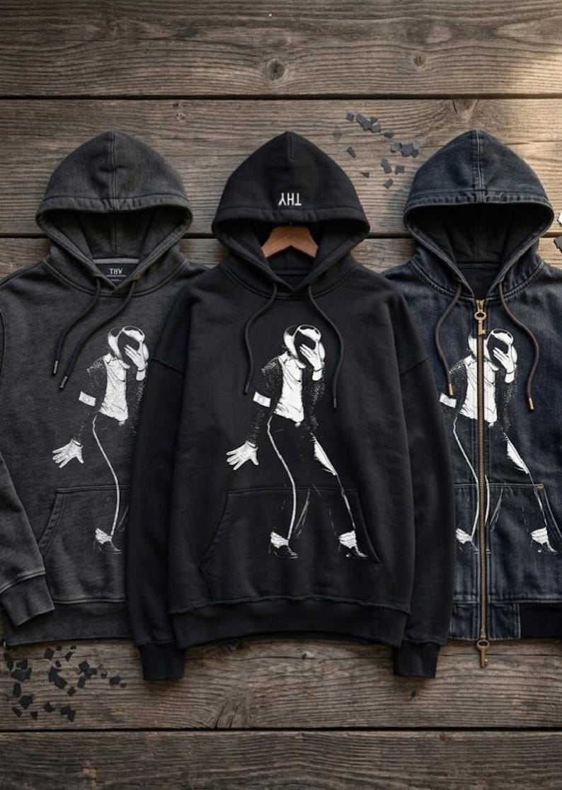 May include: Three hooded sweatshirts featuring a white graphic print of a person in a hat and suit performing a dance move. The center hoodie is solid black, while the left and right hoodies are a faded charcoal gray, with the right one featuring a zipper.