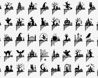 May include: A collection of forty-eight black silhouette corner decorations featuring Halloween themes including pumpkins, cats, witches, haunted houses, ghosts, bats, spiders, webs, skulls, gravestones, and trees, all set on a plain white background.
