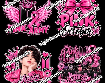 May include: A collection of four digital graphic designs featuring pink themes, BTS logos, awareness ribbons, butterflies, hearts, and text including Pink Army, Pink October, Jimin, and Pink Are Strong, all set against a solid black background.