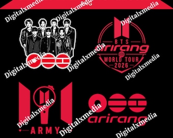 May include: A digital graphic set featuring red and black designs including a group of seven individuals, the text BTS WORLD TOUR 2026, the word ARMY, and the word arirang. The collection includes circular icons with horizontal line patterns.
