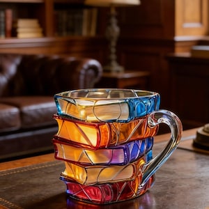 チャプターブックマグ ガラス 3Dブックマグ 誕生日プレゼント 女性向け ステンドレジンカップ スタックデザイン アーティスティックな読書用コーヒーカップ