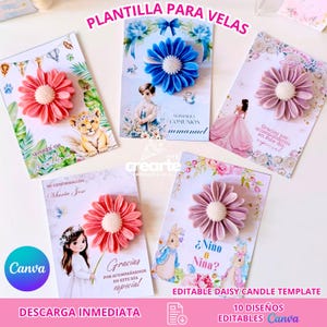 Könnte beinhalten: Eine Sammlung von Kerzenvorlagen in Form von Gänseblümchen mit verschiedenen Designs. Die Vorlagen zeigen Illustrationen eines Löwenjungen, eines jungen Mannes, eines Mädchens in einem Kleid und Peter Hase. Der Text enthält "Meine erste Kommunion".