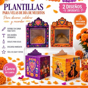 Puede incluir: Plantillas digitales para nichos de velas de Día de Muertos con dos diseños distintos. Las cajas moradas y naranjas muestran ilustraciones detalladas de flores, corazones y esqueletos. El texto incluye "PLANTILLAS PARA VELAS DE DÍA DE MUERTOS" y "2 DISEÑOS DIFERENTES" con iconos para edición en Canva y descarga inmediata.