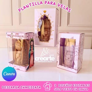 May include: Three decorative boxes with images of the Virgin Mary. The boxes are white with floral designs and clear windows. The text "PLANTILLA PARA VELAS" is at the top. The boxes are for candles.
