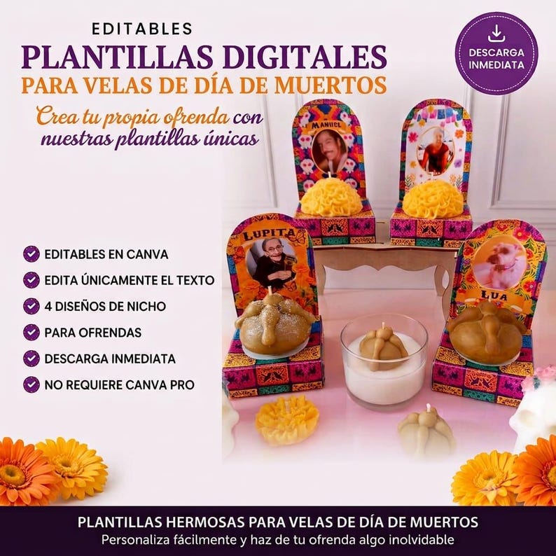 Plantillas para Velas de Día de Muertos | Redigerbar på Canva | De dödas dag ljus Nicho mall | Ladda ner Inmediata bild 1