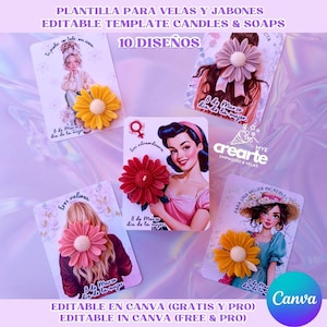 Op de afbeelding: Een verzameling wenskaarten met illustraties van vrouwen, elk versierd met een 3D-bloem. De kaarten bevatten Spaanse tekst, waaronder "8 de Marzo dia de la mujer" en "Eres valiosa". Het Canva-logo is zichtbaar.