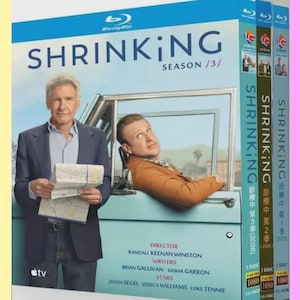 May include: Blu-ray disc set for the TV show "Shrinking", Season 3. The cover features actors Harrison Ford and Jason Segel. The set includes three seasons, with Japanese text. The discs are labeled as 1080 Full HD.