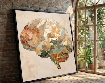 Puede incluir: Una impresión artística enmarcada que representa un cerebro humano en estilo acuarela. La obra de arte utiliza tonos terrosos, incluyendo marrones, dorados y verdes, sobre un fondo beige. La impresión se exhibe sobre un suelo de madera.