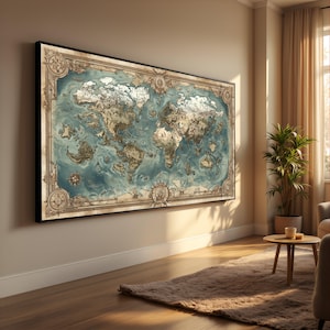May include: A large framed world map in a vintage style, with a black frame. The map features a blue ocean and tan landmasses, with decorative compass roses and ornate borders. The map is mounted on a beige wall.