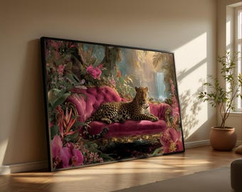 Lienzo de leopardo sobre sofá de terciopelo, arte mural de vida silvestre de la selva tropical (listo para colgar)