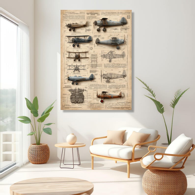 Impresión en lienzo de planos de aviones antiguos, decoración de pared de aviación imagen 6