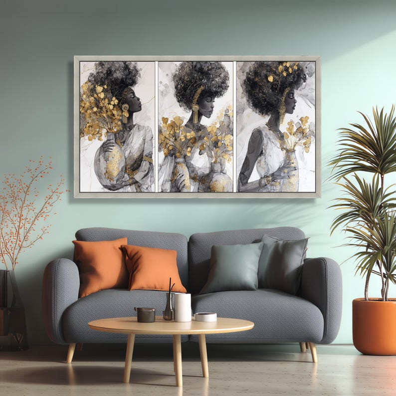 African Woman Portrait Canvas, Black and White Gold Accent Wall Art - Etsy