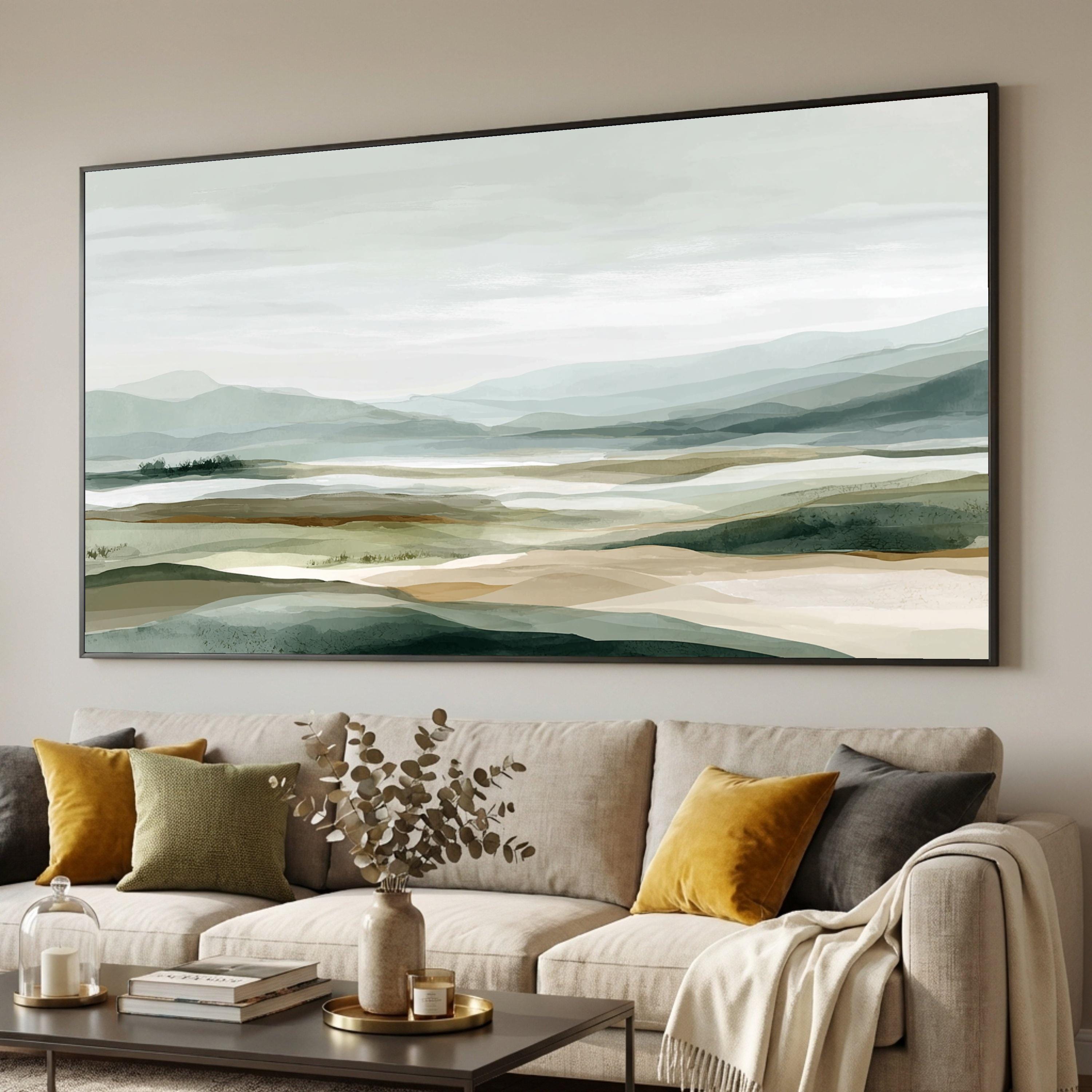 Misty Mountain Landscape Canvas, Earthy Neutral Tones Art, Calming