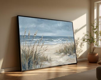 Quadro su tela con spiaggia costiera, sereno paesaggio oceanico, scena costiera con dune sabbiose.