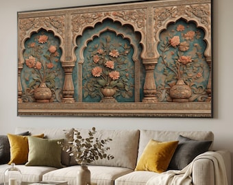 May include: A framed wall art piece featuring a detailed relief design. The artwork showcases three arched panels with teal backgrounds, adorned with floral arrangements in vases. The frame and relief details are in shades of brown and beige.