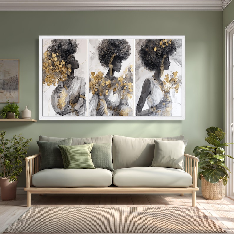 African Woman Portrait Canvas, Black and White Gold Accent Wall Art - Etsy
