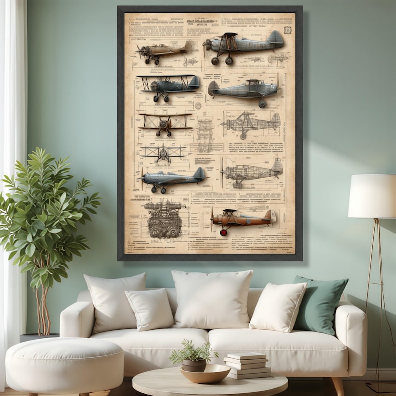Impresión en lienzo de planos de aviones antiguos, decoración de pared de aviación imagen 3