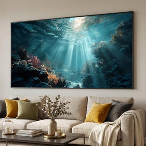 Lienzo de arrecife de coral submarino, arte mural de vida marina con rayos de luz oceánica, regalo
