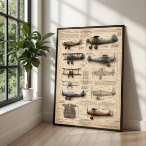 Impresión en lienzo de planos de aviones antiguos, decoración de pared de aviación imagen 1
