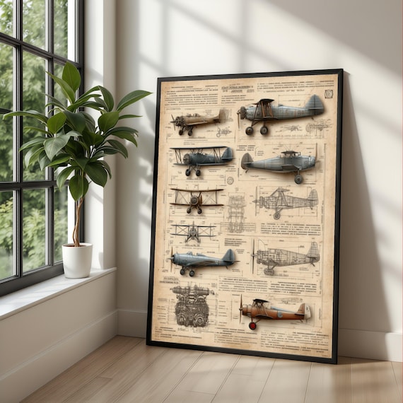 Vintage Airplane Blueprints Canvas Print, Aviation Wall Art Decor