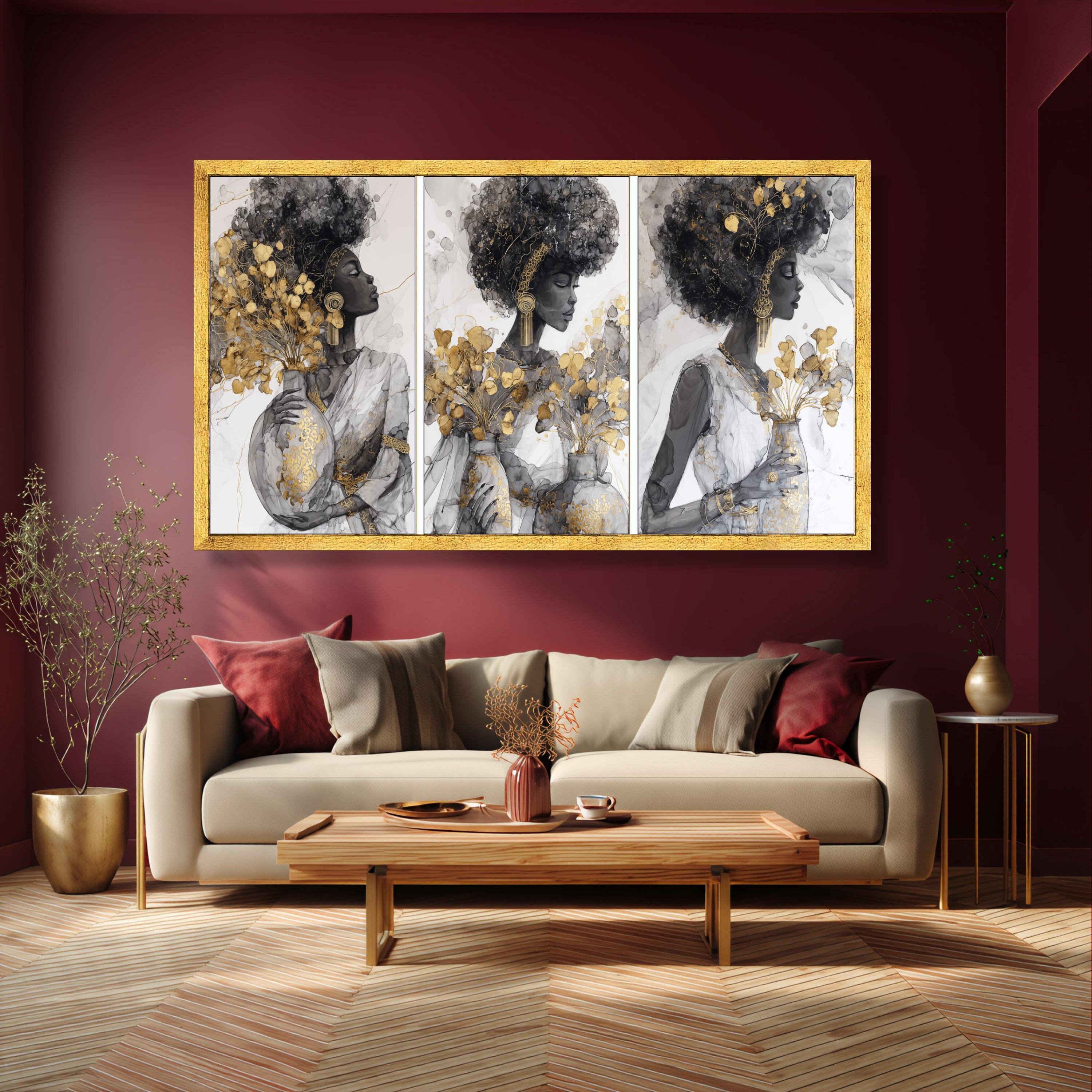 African Woman Portrait Canvas, Black and White Gold Accent Wall Art - Etsy