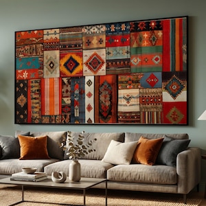 May include: A large framed wall art piece featuring a patchwork design of various colorful rug patterns. The artwork showcases a variety of geometric and tribal motifs in shades of red, orange, blue, and green, creating a vibrant and textured visual.