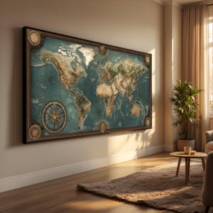 May include: A large, framed world map with a vintage aesthetic. The map features a teal ocean and detailed landmasses in shades of brown and tan. Decorative compass roses and ornate border elements add to the antique feel. The map is displayed on a cream wall.