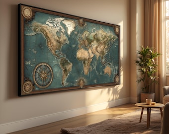 Puede incluir: Un gran mapa del mundo enmarcado con una estética vintage. El mapa presenta un océano turquesa y masas terrestres detalladas en tonos marrones y beige. Rosas de los vientos decorativas y elementos de borde ornamentados se suman al estilo antiguo. El mapa se muestra en una pared beige.