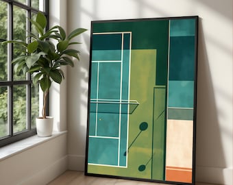 Modern kanvastavla med utsikt över tennisbana, minimalistisk sportväggkonst