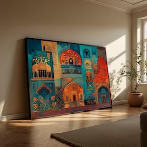 Sztuka na płótnie z motywem architektury Mogołów, bogato zdobiony indyjski wzór kwiatowy, kolorowy wydruk dziedzictwa kulturowego (gotowy do powieszenia)