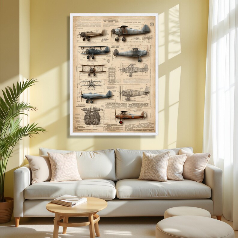 Impresión en lienzo de planos de aviones antiguos, decoración de pared de aviación imagen 5