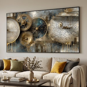 May include: A rectangular wall art piece featuring a collage of metallic gold gears, a circular navigational chart, and a vintage flying machine illustration. The composition includes dark blue and gold textured paint drips on a neutral background.