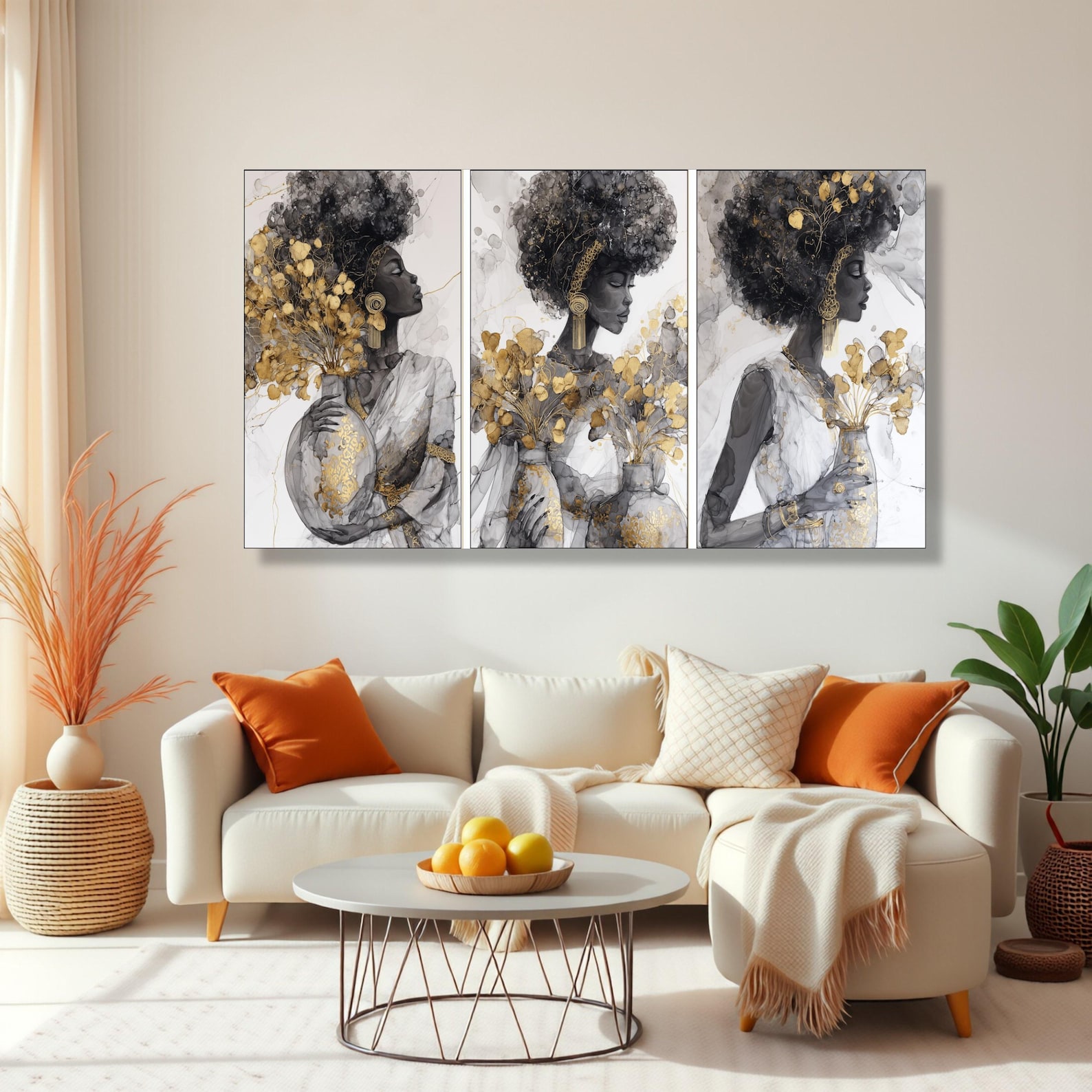 African Woman Portrait Canvas, Black and White Gold Accent Wall Art - Etsy