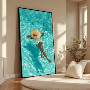 Tropical Poolside Canvas, Woman Straw Hat Summer Vacation Decor, Modern Blue Water Home Print