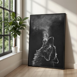 Quadro su tela raffigurante un lupo che ulula, decorazione in bianco e nero con animali selvatici e foresta (pronto da appendere)