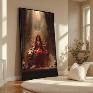 Majestueus hindoe-durgadoek, multi-gewapende godheid Indiase mythologie, leeuw muurdecoratie (klaar om op te hangen)