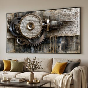 May include: A rectangular wall art piece featuring a large, metallic gear mechanism layered over a background of aged parchment paper covered in handwritten script and technical architectural sketches, with gold paint drips flowing downward.